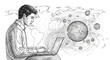 © Iky Humanity - Illustrative sketch of a man working on a laptop connected to a global network of information