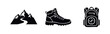 © Lili - Hiking and trekking silhouette icon set featuring mountain peaks, a durable boot, and a backpack with a compass for outdoor adventure design.