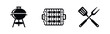 © Lili - Minimalist black barbecue icon set featuring a kettle grill, skewers on a grate, and crossed spatula and fork tools for outdoor cooking.