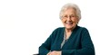 © TipsUnix - Happy elderly woman with white hair and glasses smiling cheerfully at the camera against a clean white background.