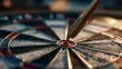 © Mikhail Vorobev - Macro shot of a dart perfectly hitting the bullseye on a textured dartboard under warm lighting conditions capturing focus and precision in the game