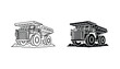 © Visual - Heavy duty mining dump truck silhouette and line art vector illustration for construction industry