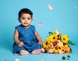 © Messer Meckie  - 青い背景のスタジオで花束の隣に座る赤ちゃんのポートレート
