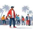 © jkuswoyo - A group of diverse teenagers at a skatepark, one holding a soccer ball and others with skateboards, surrounded by palm tree silhouettes. Bright sunny lighting, cool urban mood. Minimalist flat