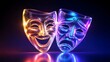 © MDJASHIM - Dramatic theater masks comedy and tragedy vibrant neon lighting and reflections high-quality