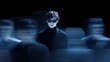 © VICHIZH - Man wearing sunglasses and black turtleneck stands still with blurred figures moving around him, concept of isolation, focus, and contrast in dark environment with motion effect.