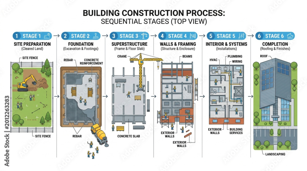 Building Construction Process Sequential Stages Explained Top View ...