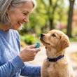 © Nexa - Happy senior woman using a training clicker to teach her Golden Retriever puppy in a sunny park
