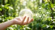 © Asif Rubayet - Hand holding a glowing globe with eco friendly icons in a natural setting