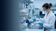 © Muhammad - Professional female scientist working in modern laboratory, medical researcher using pipette for clinical testing, pharmaceutical lab background