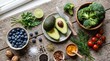 © Melati - Fresh Healthy Food Flat Lay: Avocado, Broccoli, Blueberries, Tomatoes, Spices on Rustic Wood