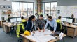 © Chandara - A group of people working in a modern office with a construction site visible through the window.