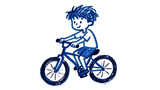 Blue crayon drawing of a boy riding a bicycle, isolated on transparent background
