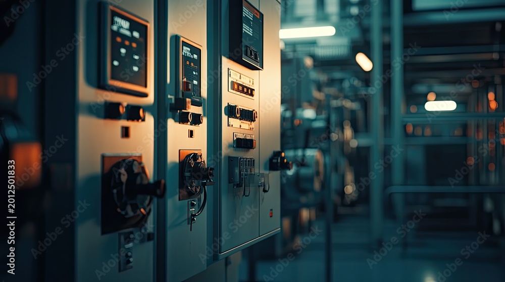 Industrial control panel featuring numerous buttons, switches, and ...