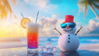 © Ruslan - A delicious tropical cocktail next to a snowman on a tropical beach