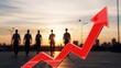 © Muhammad - Businesspeople walking outdoors during sunset with a rising red arrow graph symbolizing growth and success in a professional corporate environment