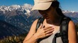 © Viktor - Woman applies sunscreen on chest during mountain hike. Majestic snowy peaks, blue sky, crisp air. Female prepares for outdoor adventure in rugged terrain. Healthy lifestyle.