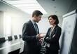 © LEXI - Business professionals intensely discussing strategy at a flipchart in a modern conference room, teamwork and analysis