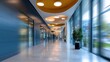 © Art - Long, modern, brightly lit corridor with reflective floors, contemporary ceiling lights