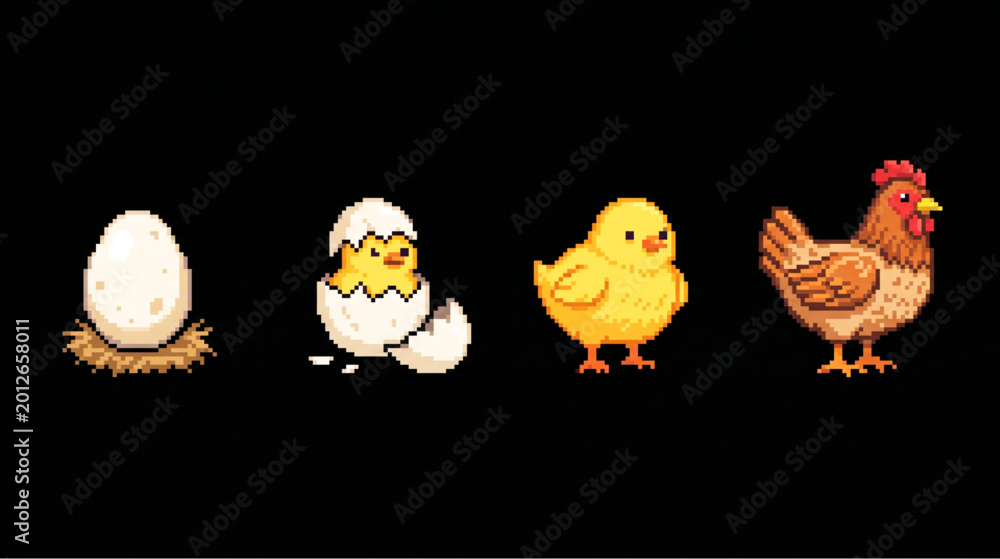 Hen Pixel Pixel Art Chicken Growth Stages from Egg to Adult Hen Stock Vector ...