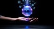 © Lion - Futuristic Holographic Orb Levitating Above Hand with Scientific Symbols.