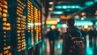 © Creative Insights - A traveler with a backpack looks at the glowing digital flight departure schedule board inside a busy metropolitan airport terminal during a late evening trip