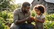© Ofie - African American father and young daughter harvesting organic red tomato in sunny backyard garden, medium shot, warm natural lighting, candid documentary style, heartwarming