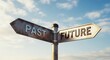 © SadiyaAnjum - Signpost with arrows pointing in opposite directions labeled past and future against a blue sky
