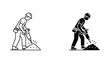 © Maya - Outline and solid black silhouette icons of a construction worker operating a jackhammer symbolizing demolition and heavy work