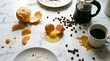 © Huzaifa - Freshly peeled orange segments and a broken raw egg resting on a marble table with spilled black coffee beans