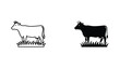 © Echo - Cow grazing in pasture line art and solid black silhouette icon set isolated on white background for farming logo design and livestock branding elements vector illustration