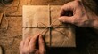 © snd studio - Hands tying a simple brown paper parcel with string on a wooden table, suggesting a gift or package delivery