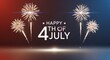 © one - Happy 4th of July text with fireworks and American flag detail on a dark gradient background with lens flare and reflection, festive celebration concept