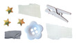 © Judy - Aesthetic scrapbook set with checkered paper scraps, a white peg, gold stars, patches, and a flower button on a transparent background. Creative collage elements for DIY designs.