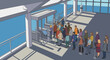 © fiyan - People queueing for attraction, waiting line at ticket booth, sunny day, urban view
