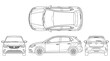 © ai tekno koncept - Hatchback technical drawing blueprint with front side back and top views CAD line art vector illustration