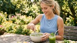 Young woman whisking a green smoothie in a sunny garden. Healthy lifestyle and wellness concept. Female preparing a nutritious drink outdoors on a wooden table