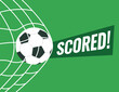 © Galyna Fedorova - Soccer poster with soccer football field green background with ball in the football goal and text scored. Vector illustration