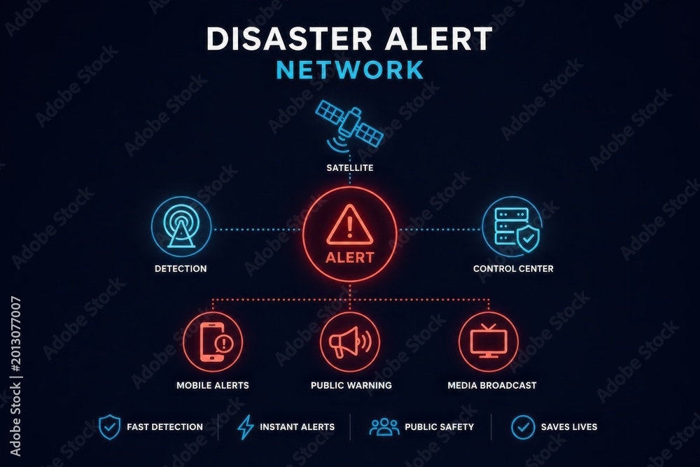 Disaster alert network infographic showing emergency response satellite ...