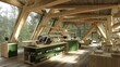 © navisatul - Modern cafe interior features exposed timber beams and large glass windows overlooking a serene forest.