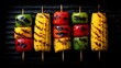 © Saad - Minimal overhead barbecue scene featuring grilled corn peppers and skewers spaced evenly bright diffused lighting enhancing vibrant color contrast and clarity