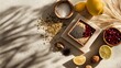 © Saad - Minimal healthy meal prep ingredients aligned in geometric precision overhead diffused lighting enhancing natural tones and modern wellness aesthetics