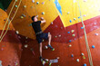 © New Africa - Athletic young man climbing wall in gym, back view. Space for text