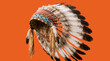 © ON - Studio - Traditional Native American feathered headdress isolated on a solid orange background. Tribal chief war bonnet with intricate beadwork and leather fringes. Indigenous culture and heritage concept