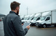 © miss irine - Man with tablet checks white cargo vans parked in rows outdoors. Fleet manager oversees logistics and vehicle inventory for business transport and delivery operations.