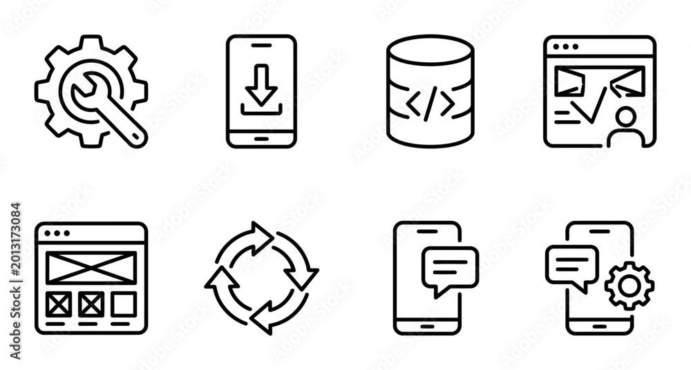 Modern software development line icons, set of 8 web programming vector ...