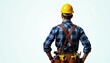 © miss irine - Worker with yellow hard hat and tool belt stands facing away. Blue checkered shirt and brown leather suspenders complete his attire for building. Ready for job.