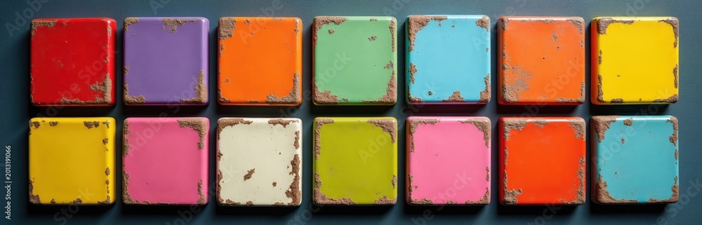 Weathered colorful square tiles in rows against dark background. Tiles ...