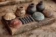 © diyanskb1018 - Vintage market tokens and metal weights on aged stone slab images illustrator