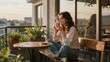 © mila103 - Woman enjoying hot drink on balcony with potted plants at sunset
